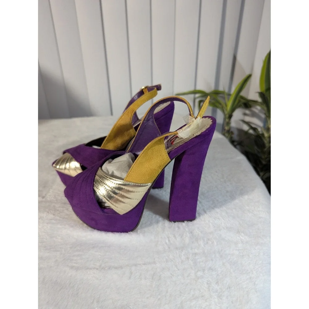 Kayleen Platform Sandals Women 8 Purple Gold Good Chunky Block Heel Slingback